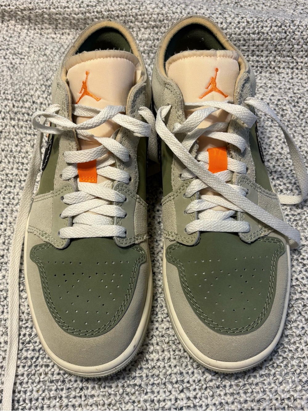 Jordan Kids Olive Green and Cream Sneakers with Orange Accents